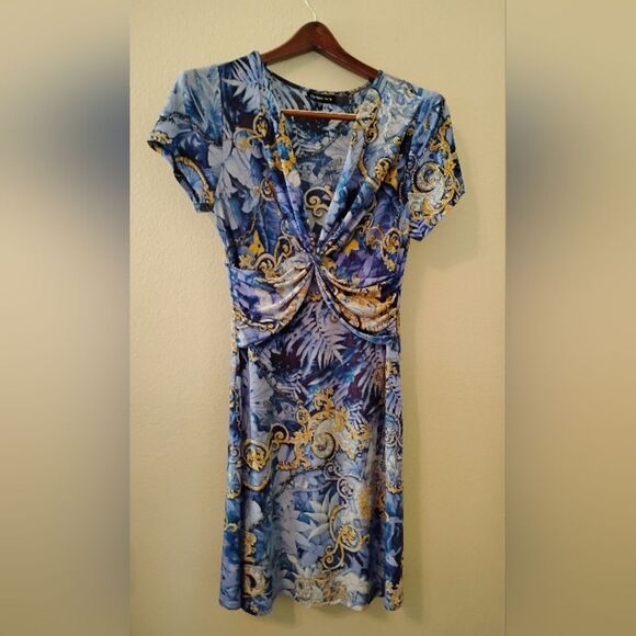Midi Blue Abstract Dress Formal With Sleeves - Picture 1 of 6